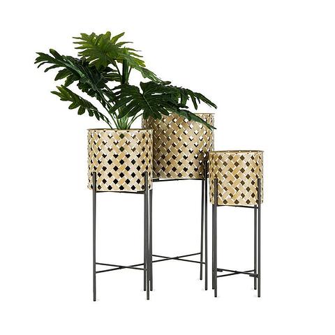 Set/3 Nested Metal-Weave 'Cane' Stilted Planters 31x71/26x65/22x59cm