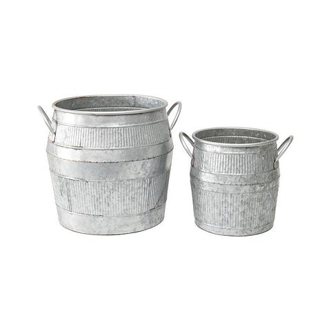 Set/2 Nested Industro-Chic Barrel Pot Planters  30/22x38/30 (with handle)x32/24cm