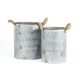 Set/2 Nested Farmers Market Galv-Rust Round Bucket-Planters 26x29/21x26cm