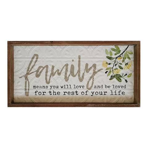 Pressed Metal w/Timber Frame Family Means Love Wall Art 60x4x30cm