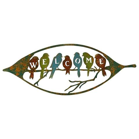 Colour-Rust Birds in Leaf 'Welcome' Sign 60x0.6x24cm