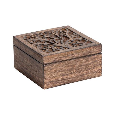 Handcrafted Mangowood Square Tree-of-Life Box 15x15x8cm