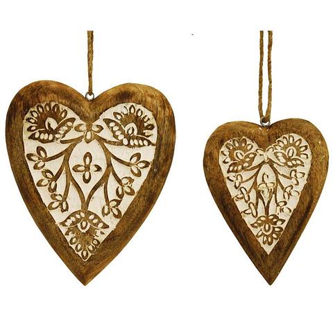 Set/2 Nested Mango Wood Carved Hanging  Hearts 11x2x15cm/16x3x20cm(2/20)