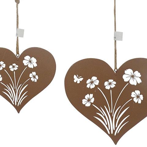 Set/2 Asst Size Hanging Rust Punched Flowers in Heart 19.5x0.3x16/14.5x0.3x12cm