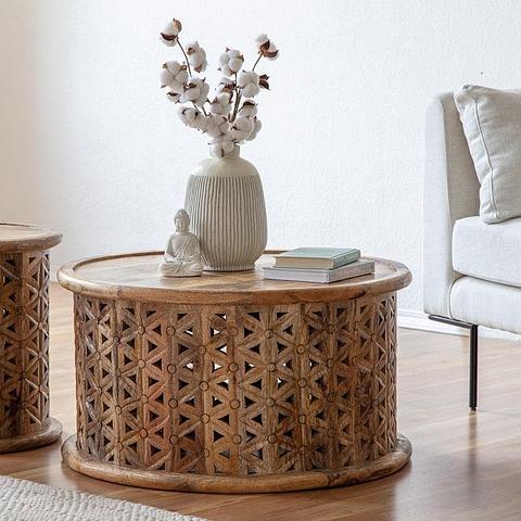 Zara Natural Mangowood Carved Coffee Table 75x75x40cm