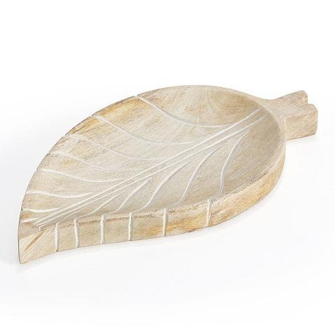 Hand-Carved Mango Wood Leaf-Shape Tray 30x17.5x2.5cm