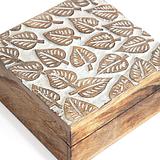 Hand-Carved Square Mango Wood 'Embossed Leaves' Box 15x15x8cm