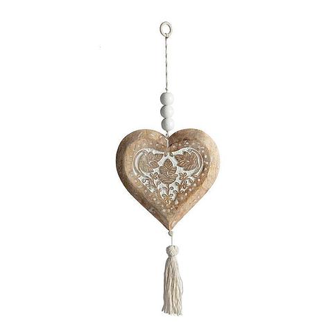 Handcrafted  Mango Wood Heart w/Beads & Tassle 26x3x73cm