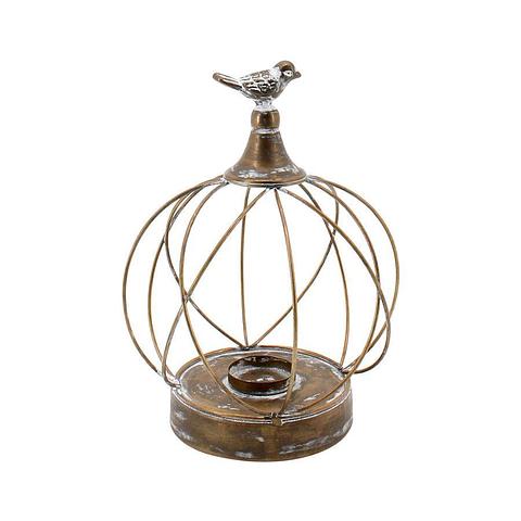 Medium Circular Bird Pillar Candle Holder w Bird - Distressed Gold/Copper